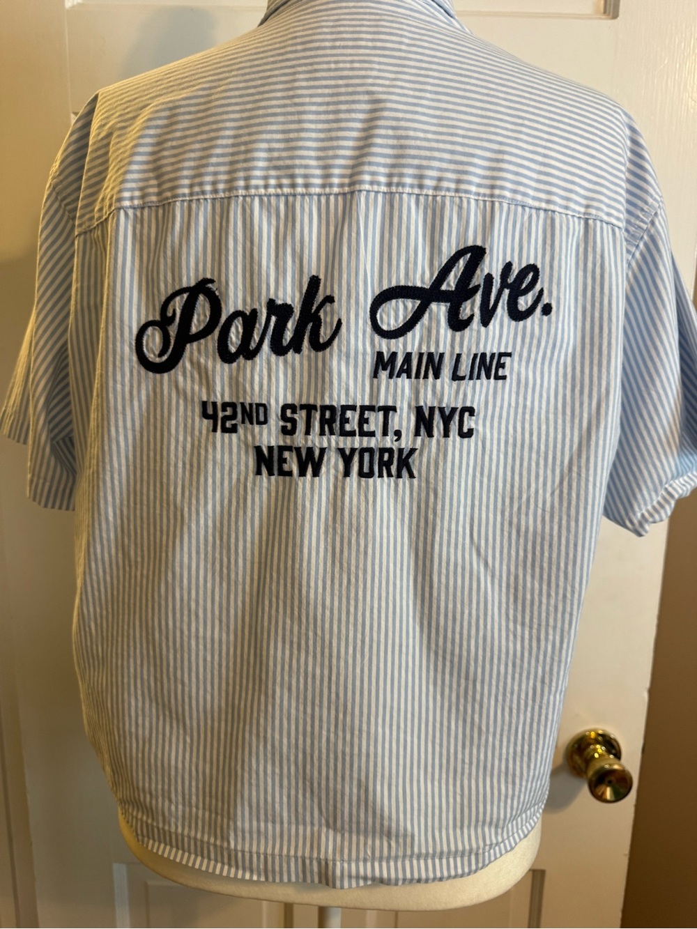 Abercrombie & Fitch Light Blue and White Striped graphic workwear cropped shirt - Picture 5 of 11